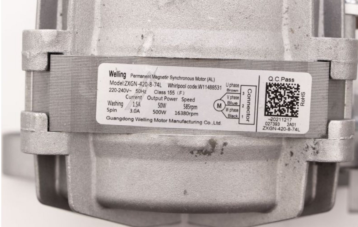 Bauknecht Beko Motor sBPM H25 ZXGN-420-8-74L, elektrisches Bauteil in schwarzem Gehäuse, sichtbar mit Anschlusskabel