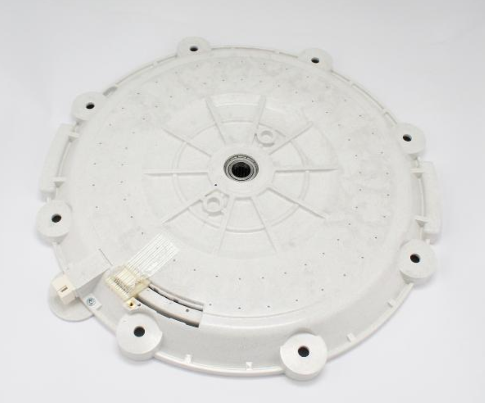 Original Bauknecht Waschmaschinenmotor TL DD/ALU/1200, zeigt den Motor mit Kabelanschlüssen und Aluminiumgehäuse.