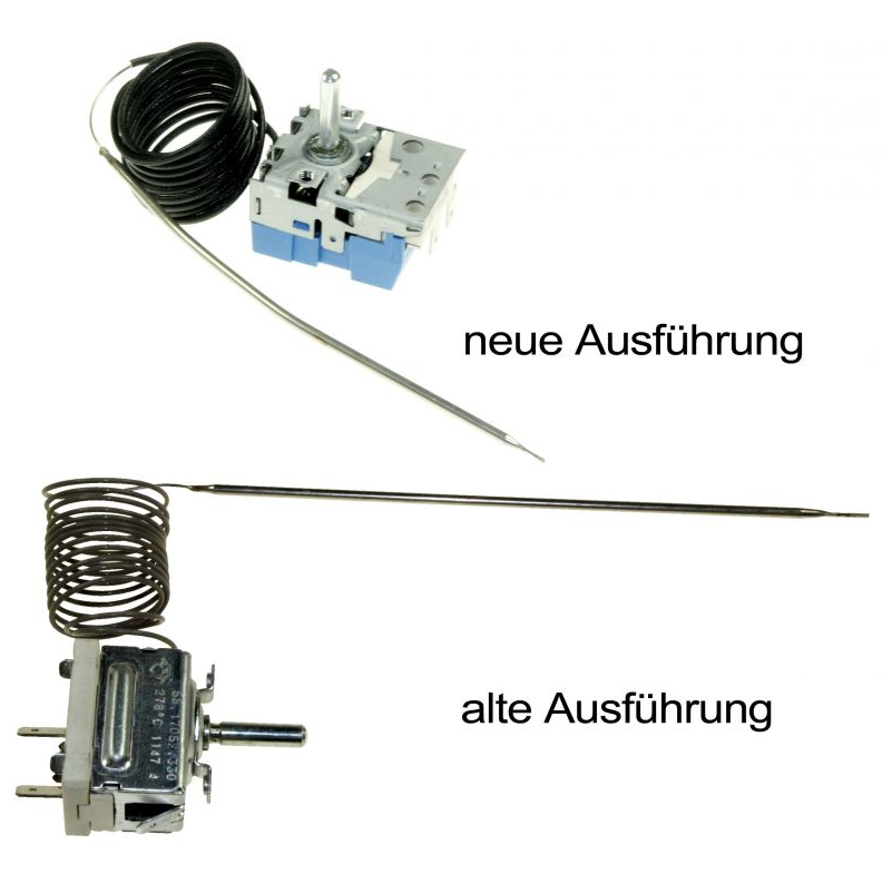 Original Bauknecht Thermostat 480121100077, passend für Whirlpool und Indesit, zeigt das schwarze Gerät mit Kabelanschluss.