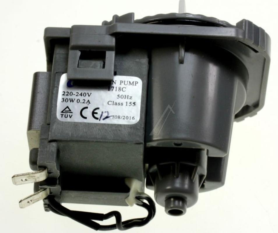 Gorenje 1718C Ablaufpumpe, Originalteil, für Geschirrspüler, zeigt die Pumpe mit Anschlussstücken und Kabel.