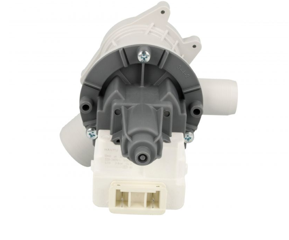 Original Hisense Ablaufpumpe HK2023492 für Waschmaschine, zeigt die schwarze Pumpe mit Anschlüssen und Kabel.