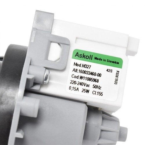 Originale Bauknecht Indesit Ablaufpumpe, Modell 488000855480, für Waschmaschinen, mit Schläuchen und Anschlussdetails sichtbar.