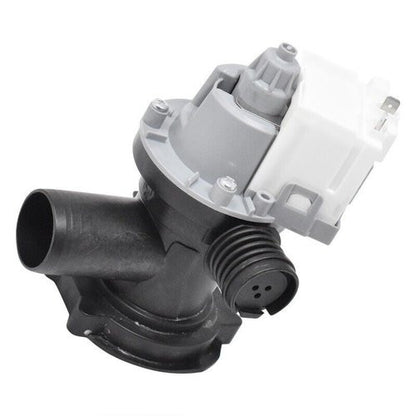 Originale Bauknecht Indesit Ablaufpumpe 488000855480, zeigt die schwarze Kunststoffpumpe für Waschmaschinen, Detailaufnahme.