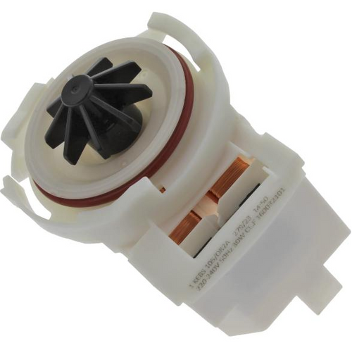 Bauknecht Abwasserpumpe für Geschirrspüler, original Ersatzteil, zeigt die Pumpe mit Anschlüssen und Kabel.