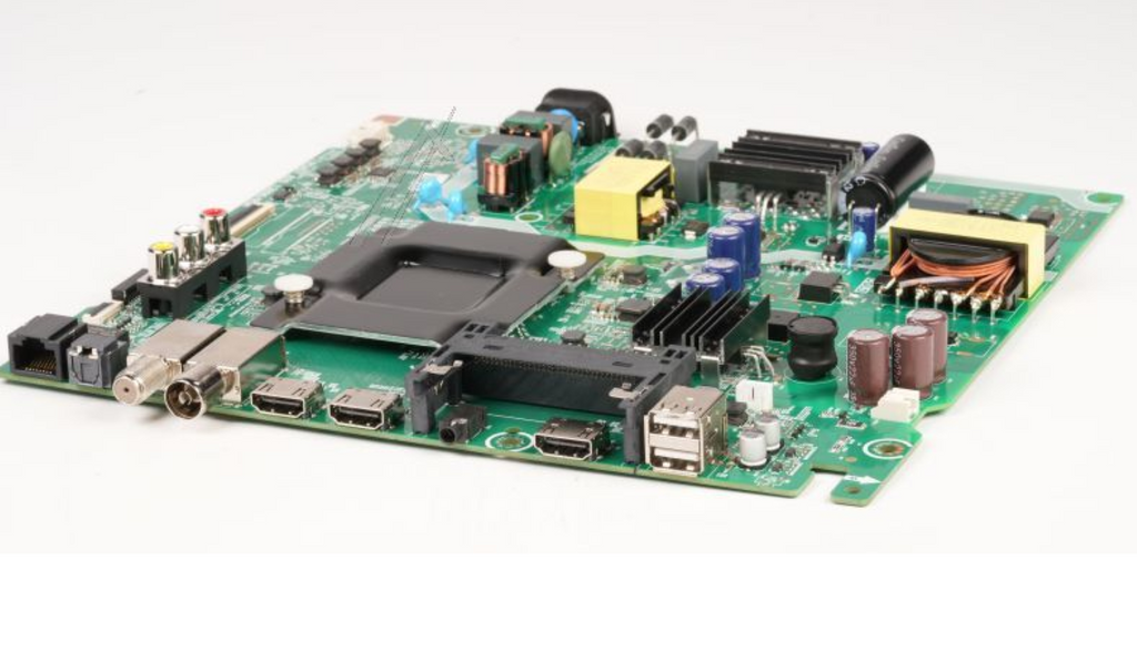 Original Hisense Gorenje Mainboard HT410962, Nahaufnahme des grünen Leiterplatten mit elektronischen Bauteilen.