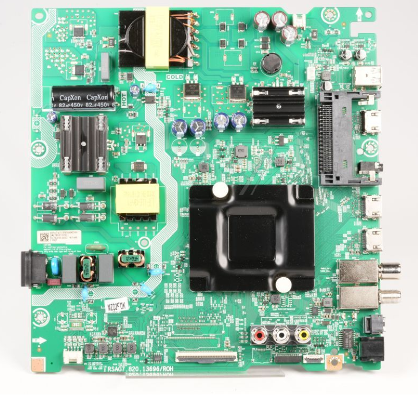 Original Hisense Gorenje Mainboard HT410962, elektronische Platine mit Anschlusssteckern, auf weißem Hintergrund.