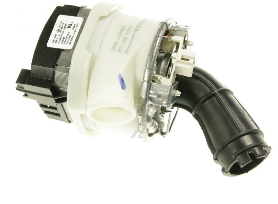 Original Hisense Gorenje Umwälzpumpe BLDC 718007, technische Ansicht der Pumpe mit Anschlussdetails, schwarzes Gehäuse