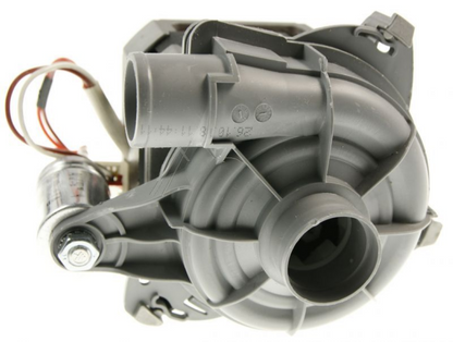 Bauknecht Motor-Spray-Pumpe C00865691, sichtbare Pumpe und Schlauch für Waschmaschinen, in weißem Gehäuse.