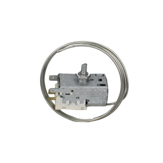 Original Bauknecht Kühlschrankthermostat 4502011100, Modell C00864891, zeigt das Thermostat mit Einstellknopf und Kabel.