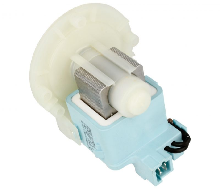 Originaler Bauknecht Beko Pumpenmotor C00865743, Ansicht des Motorblocks mit Kabelanschlüssen.