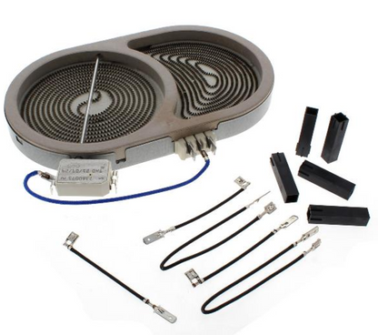 Original Bauknecht Heizelement oval 1800/1000W, passend für Haushaltsgeräte, zeigt das Heizungsstück mit Anschluss.