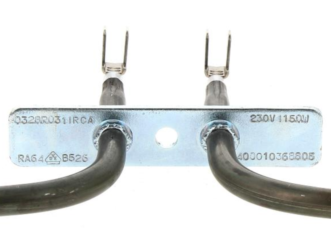 Bauknecht Heizelement Unterhitze 1150W, Original, zeigt das Heizgerät mit schwarzem Gehäuse und Kabelanschluss.