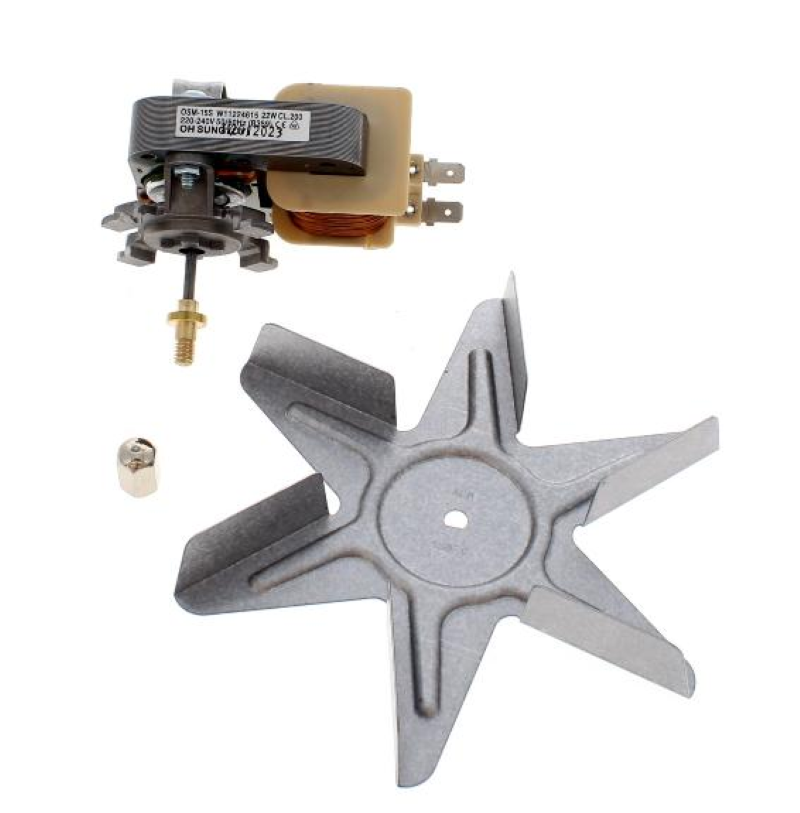 Original Bauknecht Lüftermotor C00398229 für Haushaltsgeräte, mit sichtbaren elektrischen Anschlüssen und Motorkern