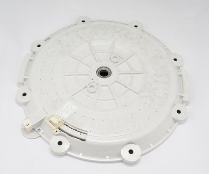 Original Bauknecht Waschmaschinenmotor TL DD/ALU/1200, zeigt den Motor mit Kabelanschlüssen und Aluminiumgehäuse.