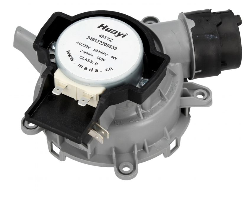 Bauknecht Beko Drehschieber Stellventil an Pumpentopf für Geschirrspüler, Originalteil, zeigt das Ventil und Anschlüsse.