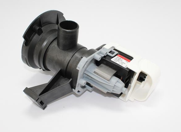 Laugenpumpe RC006100 von Bauknecht, original Ersatzteil für Waschmaschinen, zeigt die Pumpe in detaillierter Nahaufnahme