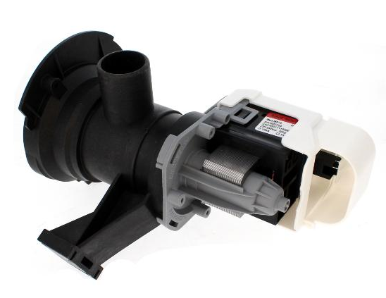 Laugenpumpe RC006100 von Bauknecht, passende Ersatzpumpe für Waschmaschinen, zeigt die Pumpe mit Schläuchen und Anschluss.