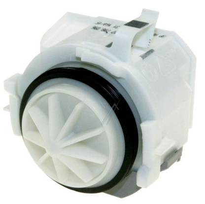 Bosch Siemens BLP3 Laugenpumpe 00631200, Original, zeigt die weiße Waschmaschinenpumpe mit Anschlussstücken