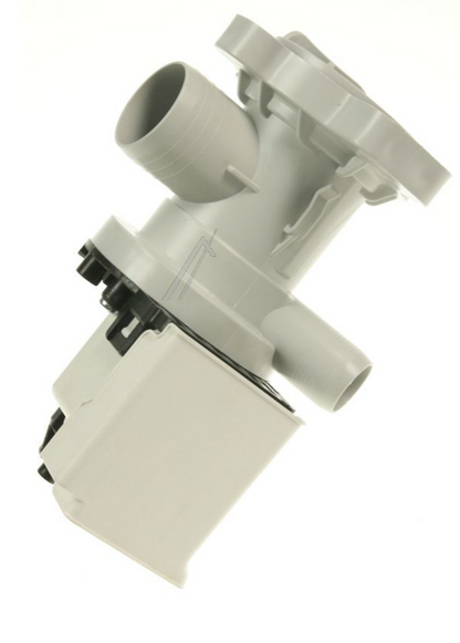 Midea Abflusspumpe für Waschmaschine, TP-65-25-2-39L, zeigt die Pumpe mit Anschlussstücken und Kabel in einer technischen Ansicht.